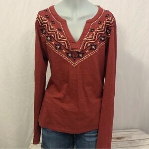 Roper Rust Western Embroidered Long Sleeve V Neck Top Blouse size large nwt